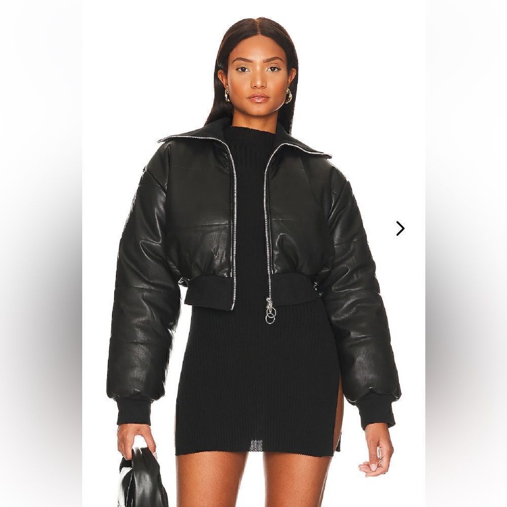 Lovers And Friends Nikki Puffer Jacket Black faux leather vegan bomber Revolve S